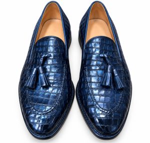 Mocassins homme bleu marine à pampilles effet crocodile