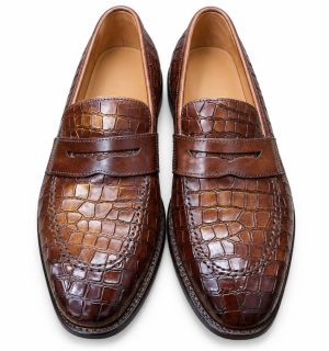 Chaussures loafers homme marron effet crocodile