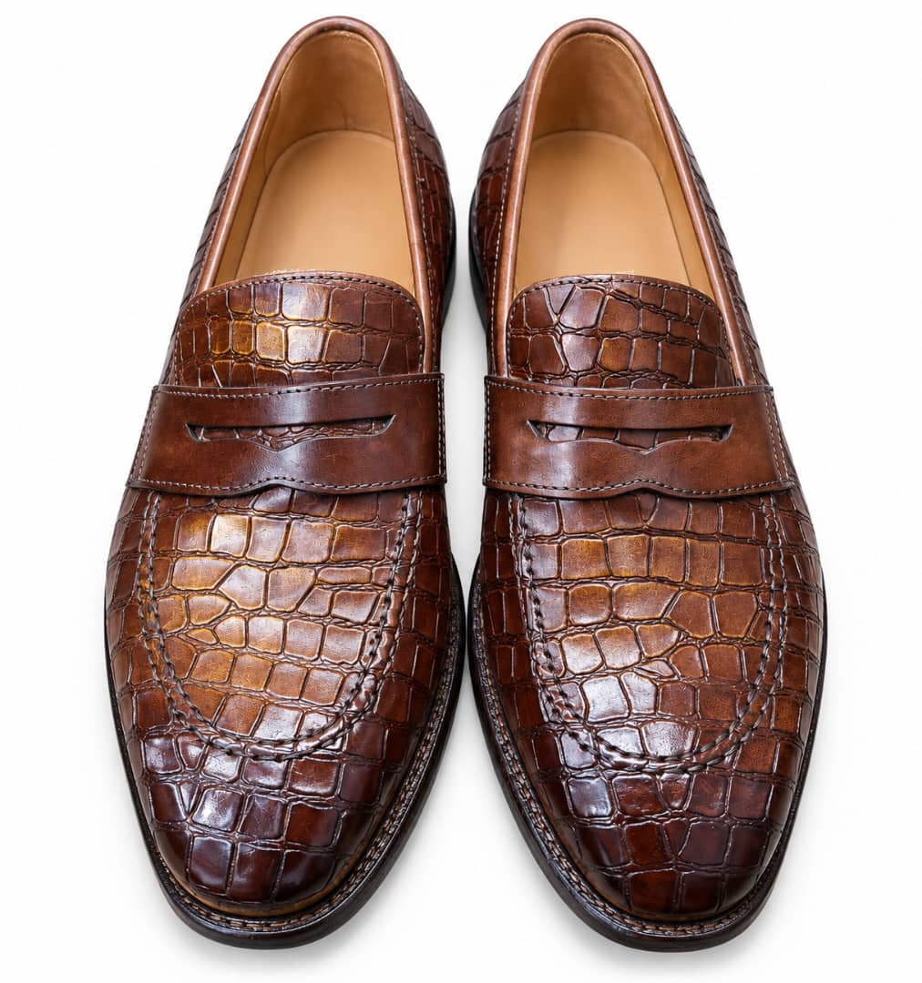 Chaussures loafers homme marron effet crocodile