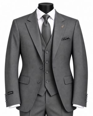 Costume 3 pièces homme gris avec gilet, chemise blanche et cravate