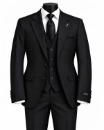Costume trois pièces noir pour homme avec veste, gilet et pantalon