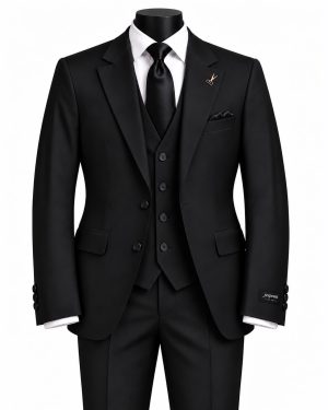 Costume trois pièces noir pour homme avec veste, gilet et pantalon