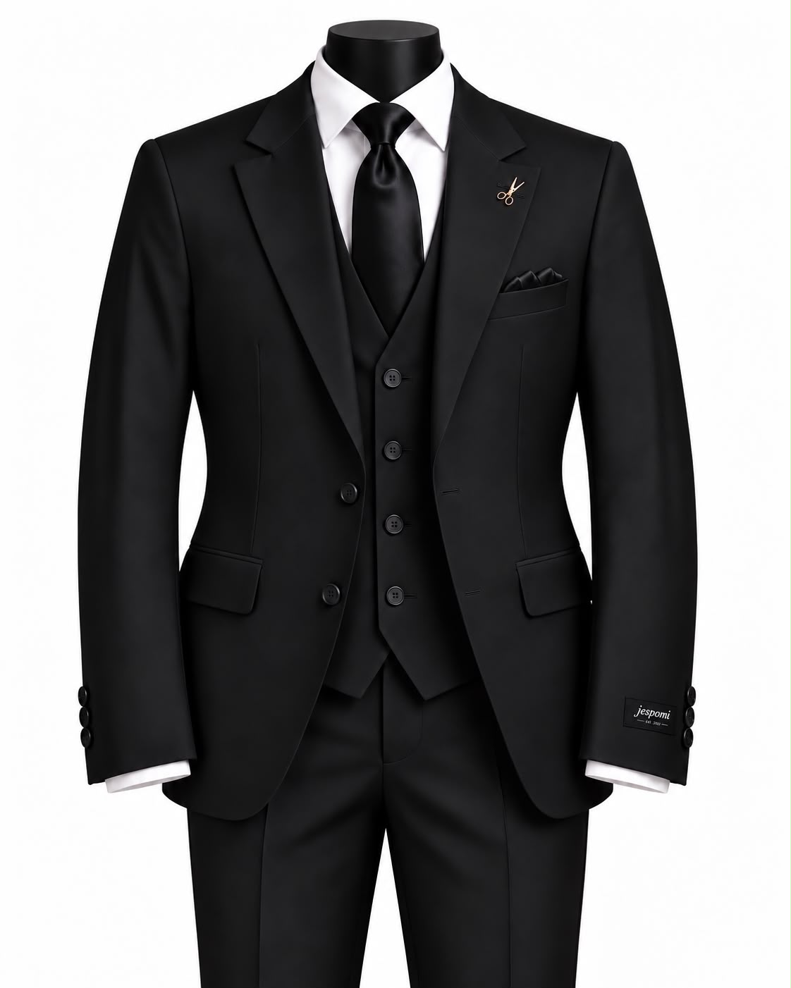 Costume trois pièces noir pour homme avec veste, gilet et pantalon