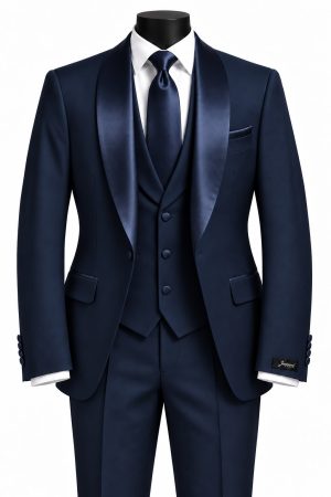 Costume trois pièces bleu marine pour homme avec gilet, chemise blanche et cravate