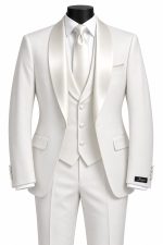 Costume trois pièces blanc pour homme avec veste à revers châle, gilet, pantalon et cravate assortis