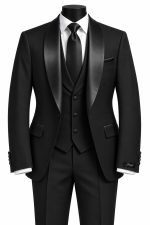 Costume trois pièces noir pour homme avec col châle satiné, gilet, pantalon, chemise blanche et cravate