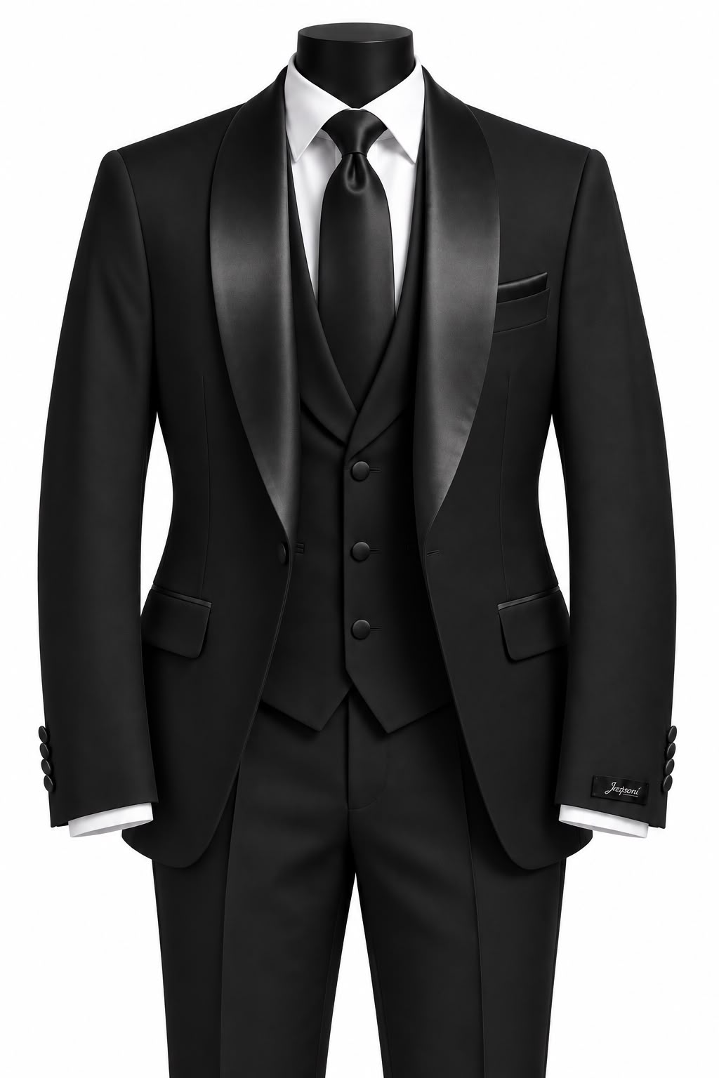 Costume trois pièces noir pour homme avec col châle satiné, gilet, pantalon, chemise blanche et cravate