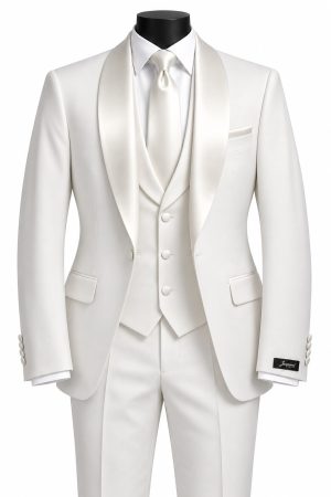 Costume trois pièces blanc pour homme avec veste à revers châle, gilet, pantalon et cravate assortis