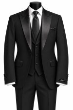 Costume trois pièces noir pour homme avec veste, gilet, pantalon et cravate