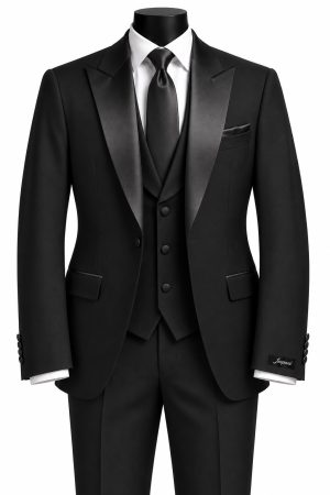 Costume trois pièces noir pour homme avec veste, gilet, pantalon et cravate