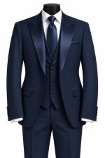 Costume trois pièces homme bleu marine avec gilet, chemise blanche et cravate