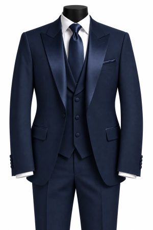 Costume trois pièces homme bleu marine avec gilet, chemise blanche et cravate