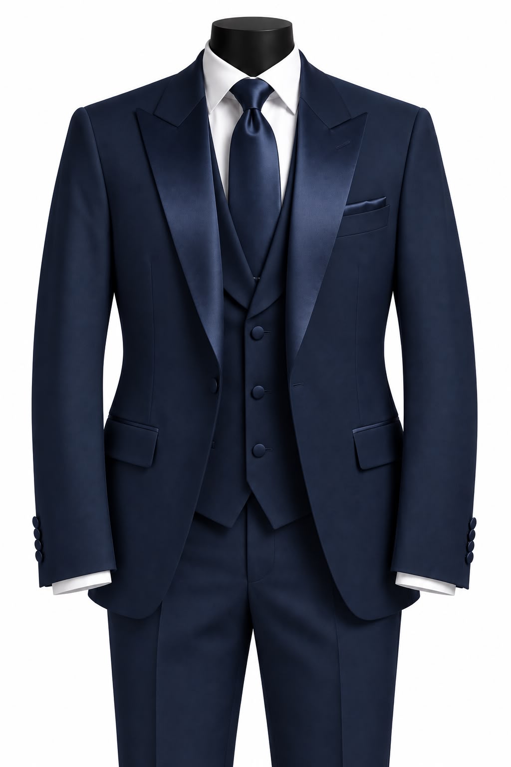 Costume trois pièces homme bleu marine avec gilet, chemise blanche et cravate