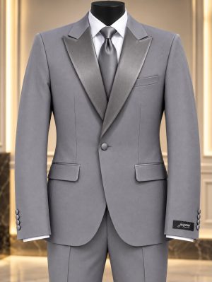 Costume homme gris à revers satinés avec pantalon assorti