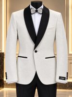 Ensemble smoking homme blanc et noir avec veste à col châle et nœud papillon