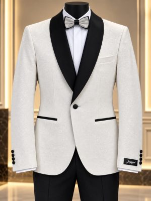 Ensemble smoking homme blanc et noir avec veste à col châle et nœud papillon