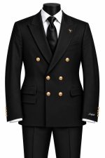 Costume homme noir croisé à double boutonnage avec boutons dorés