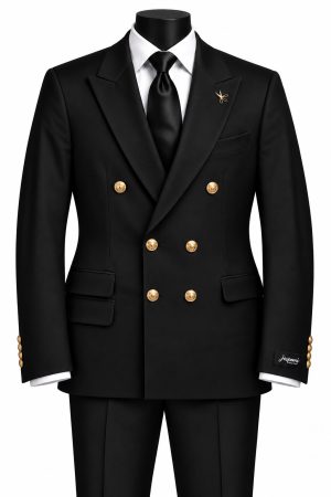 Costume homme noir croisé à double boutonnage avec boutons dorés