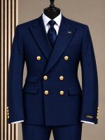 Costume homme bleu roi à double boutonnage avec boutons dorés