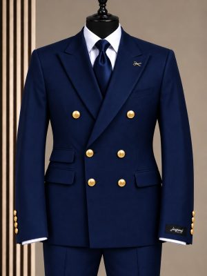 Costume homme bleu roi à double boutonnage avec boutons dorés