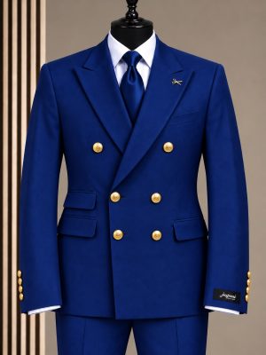 Costume homme bleu roi à double boutonnage avec boutons dorés