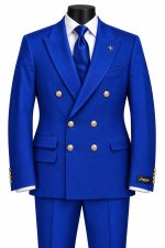 Costume homme bleu royal à double boutonnage avec chemise blanche et cravate