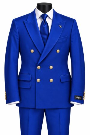 Costume homme bleu royal à double boutonnage avec chemise blanche et cravate