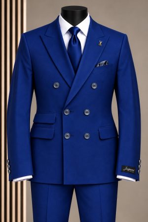 Costume homme bleu royal à veste croisée avec chemise blanche et cravate bleue