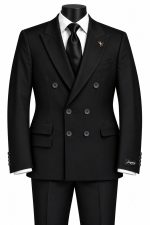 Costume homme noir à double boutonnage avec chemise blanche et cravate noir