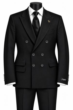 Costume homme noir à double boutonnage avec chemise blanche et cravate noir