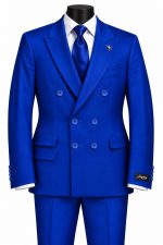 Costume homme bleu roi double boutonnage avec chemise blanche et cravate assortie