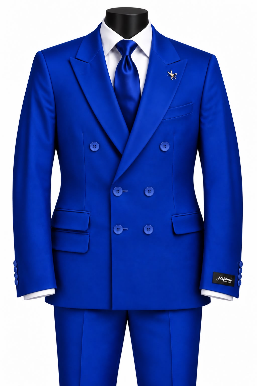 Costume homme bleu roi double boutonnage avec chemise blanche et cravate assortie
