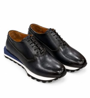 Chaussures Richelieu homme noires à lacets avec semelle épaisse blanche et bleue