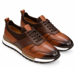 Sneakers homme marron et cognac à lacets avec semelle blanche