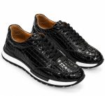Baskets homme noires brillantes à motif crocodile embossé, lacets noirs et semelle blanche – Jespomi