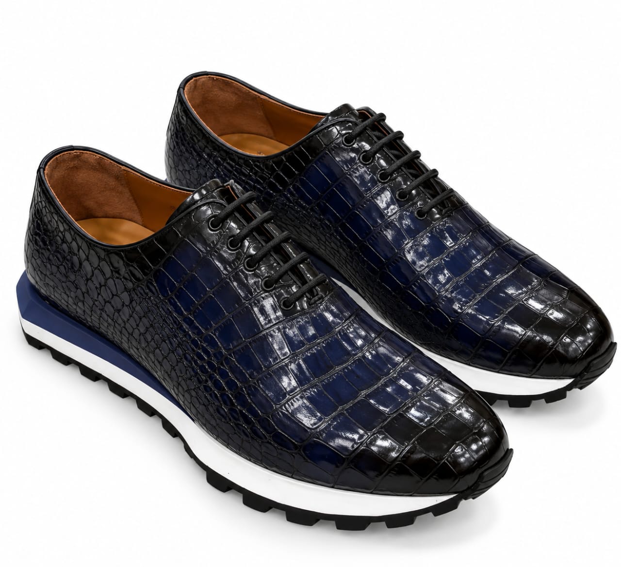 Chaussures homme élégantes noir et bleu marine effet crocodile à lacets avec semelle blanche